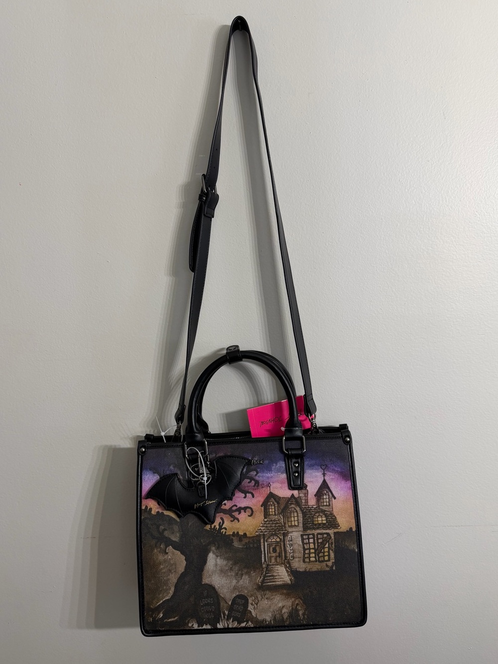 NWT Betsey Johnson Haunted House Tote Bag Halloween Satchel Purse with Bat Charm - Picture 6 of 8